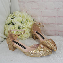 Load image into Gallery viewer, Champagne Gold Glitter Bridal Shoes: Celestial Star & Moon Block Heel Wedding Heels