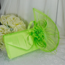 Load image into Gallery viewer, Handmade Lime Green Fascinator Hat and Satin Clutch Bag Set