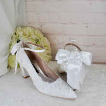 Load image into Gallery viewer, White Embroidered Block Heel Bridal Shoes: Floral Wedding Heels