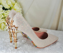 Load image into Gallery viewer, Champagne Gold Wedding Shoes - Handmade Satin Bridal Shimmer Pumps With Cherry Blossom Embellishment • Size UK3/US5.5