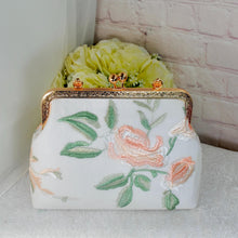 Load image into Gallery viewer, Vintage Style Wild Rose Embroidered Handbag Floral Embroidery Gold Trim Clasp Bag Purse Clutch Stunning UK Handmade Accessory Wedding Bride