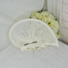 Load image into Gallery viewer, Ivory Satin Bridal Set: Slingback Heels, Clutch Bag, Sinamay Fascinator