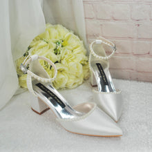 Load image into Gallery viewer, Ivory Satin Bridal Heels – Handmade Pearl Ankle Strap Block Heel Shoes UK3/US5.5