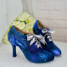 Load image into Gallery viewer, Hand-Painted Celestial Wedding Shoes – Blue Galaxy Lace-Up Heels