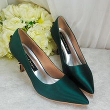Load image into Gallery viewer, Emerald Green Satin Bridal Shoes: Gold Floral Blossom Heel