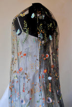 Load image into Gallery viewer, Black Floral Wedding Veil - Embroidered Bridal Veil With Silver Comb, 140cm