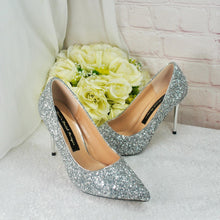 Load image into Gallery viewer, Silver Glitter Bridal Heels – Pointed Toe Stilettos | Handmade Pumps • UK4/US6.5