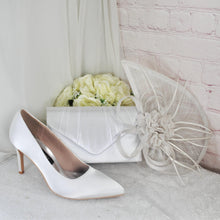 Load image into Gallery viewer, White Satin Bridal Set: Heels, Clutch Bag & Fascinator Hatinator