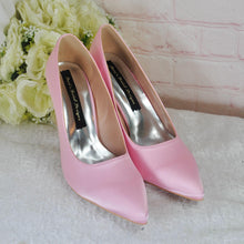 Load image into Gallery viewer, Pink Satin Bridal Set: Heels, Clutch, Fascinator - Handmade Wedding Guest Outfit
