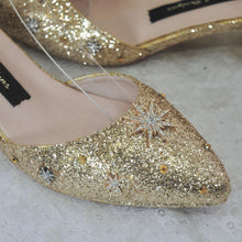 Load image into Gallery viewer, Champagne Gold Glitter Bridal Shoes: Celestial Star & Moon Block Heel Wedding Heels