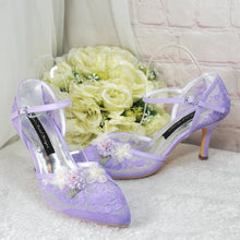 Load image into Gallery viewer, Pastel Lilac Bridal Sandals: Embroidered 3D Flower Kitten Heel Shoes UK7/US9.5