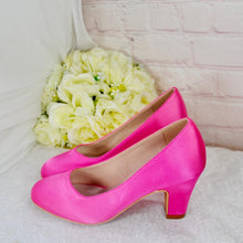 Load image into Gallery viewer, Burgundy Block Heel Satin Shoes, Wine Red Bridal Court Shoes