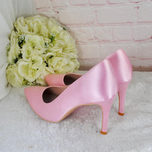 Load image into Gallery viewer, Pink Satin Bridal Set: Heels, Clutch, Fascinator - Handmade Wedding Guest Outfit