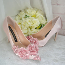 Load image into Gallery viewer, Sparking Pink Satin Bridal Shoes: Handmade Floral Stiletto Heels • Size UK5/US7.5