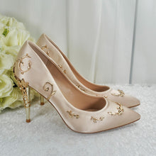 Load image into Gallery viewer, Champagne Satin Bridal Shoes: Gold Filigree Vine Wedding Heels