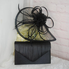 Load image into Gallery viewer, Black Satin Bridal Set: Stiletto Heels, Clutch Bag & Sinamay Fascinator Hatinator