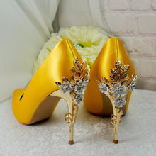 Load image into Gallery viewer, Yellow Satin Wedding Heels: Cherry Blossom Bridal Shoes UK6/US8.5