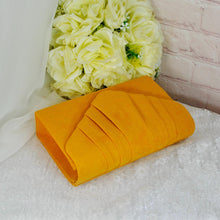 Load image into Gallery viewer, Mustard Yellow Fascinator Hat & Vegan Suede Clutch Bag Set