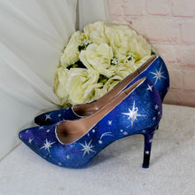 Load image into Gallery viewer, Blue Satin Celestial Wedding Shoes: Hand-Painted Galaxy Bridal Heels UK7.5/US10