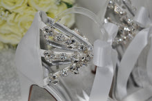 Load image into Gallery viewer, White Wedding Sandals - Handmade Bridal High Heels with Crystal Straps & Ribbon Tie UK4/US6.5