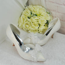 Load image into Gallery viewer, Beautiful Ivory Shimmer Wedding Shoes with Bow, Embellished Bridal Shoes, Wedding Heels for Bride, D'Orsay Wedding Heels with Bow