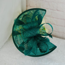Load image into Gallery viewer, Handmade Emerald Green Satin Bridal Set: Heels, Clutch & Fascinator