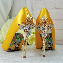Load image into Gallery viewer, Yellow Satin Wedding Heels: Cherry Blossom Bridal Shoes UK6/US8.5