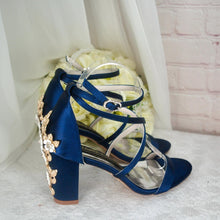 Load image into Gallery viewer, Navy Satin Bridal Sandals: Cherry Blossom Block Heel Wedding Shoes