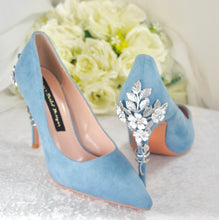 Load image into Gallery viewer, Blue Suede Heels: Silver Cherry Blossom Wedding Shoes - UK6/US8.5