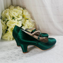 Load image into Gallery viewer, Emerald Green Satin Bridal Shoes: Handmade Block Heel Mary Janes UK5/US7.5