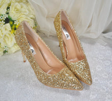 Load image into Gallery viewer, Gold Bridal Shoes - Handmade Satin Pointed Toe Court Shoes with Cherry Blossom Heels UK4/US6.5