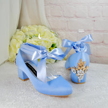 Load image into Gallery viewer, Blue Satin Bridal Heels – Handmade Wedding Shoes with Cherry Blossom Heels • UK3 / US5.5