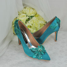 Load image into Gallery viewer, Teal Satin Bridal Set: Handmade Clutch, Fascinator, and Stiletto Shoes