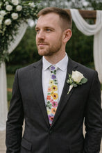 Load image into Gallery viewer, Embroidered Wildflower Tie: White Satin Floral Necktie, Wedding Groom