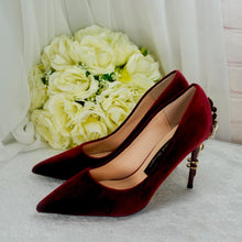 Load image into Gallery viewer, Luxurious Wine Red Velvet Wedding Shoes with 'Cherry Blossom'