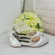 Load image into Gallery viewer, Ivory Satin Bridal Flats – Pointed Toe Wedding Flats with Pearl Ankle Strap • UK4/US6.5