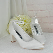 Load image into Gallery viewer, Bridal Block Heel Shoes – White Bridesmaid Shoes With Ankle Strap • Size UK9/US11