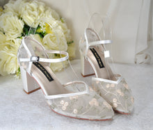 Load image into Gallery viewer, Bridal Block Heel Shoes – Floral Embroidered Ivory Wedding Heels, Comfortable Satin Sandals