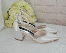 Load image into Gallery viewer, Handmade Ivory Satin Bridal Heels: Pearl Ankle Strap Block Heel Shoes UK4/US6.5