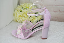 Load image into Gallery viewer, Blush Pink Bridal Sandals – Handmade Satin Shoes with 3D Floral Block Heels Size UK5/IS7.5