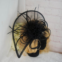 Load image into Gallery viewer, Black Satin Bridal Set: Stiletto Heels, Clutch Bag & Sinamay Fascinator Hatinator