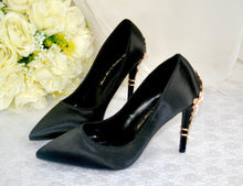 Load image into Gallery viewer, Black Satin Heels: Gold Floral Cherry Blossom Bridal Shoe, Wedding Shoe High Heel