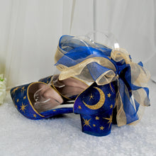 Load image into Gallery viewer, Blue Celestial Wedding Shoes – Galaxy Block Heels with Ankle Ribbons