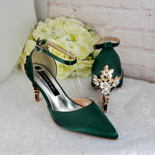 Load image into Gallery viewer, Emerald Green Satin Bridal Sandals: Cherry Blossom Heel, Handmade Wedding Shoes