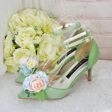 Load image into Gallery viewer, Sage Green Satin Bridal Set: Handmade Clutch, Sandals & Fascinator