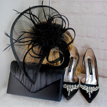 Load image into Gallery viewer, Black Satin Bridal Set: Stiletto Heels, Clutch Bag & Sinamay Fascinator Hatinator