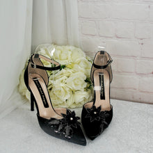 Load image into Gallery viewer, Black Satin Bridal Set: Handmade Fascinator, Clutch & Heels