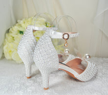 Load image into Gallery viewer, Pearl Bridal Sandals, Mid-Heel Ivory Wedding Shoes •UK9/US11