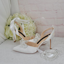 Load image into Gallery viewer, Satin Slingback Sandals - Handmade Bridal Satin Shoes With Pearl Bow UK4 / US7.5
