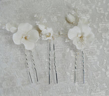 Load image into Gallery viewer, Handmade Gold or Silver Ceramic Flower Hair Pins with Pearls (Set of 3)